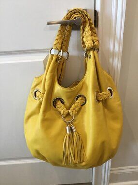 Michael Kors Astor Grommet Hobo Mustard Yellow Leather Large Shoulder Bag EUC